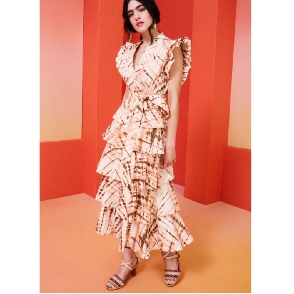 Marie Oliver Tiered Midi Dress in Cream and Tan